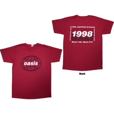 Oasis T-Shirt: 1998 World Tour - South America (Red) (Back Print)