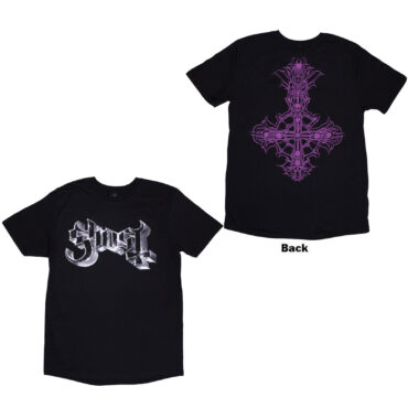 Ghost T-Shirt: Metal Logo & Purple Grucifix (Black) (Back Print)
