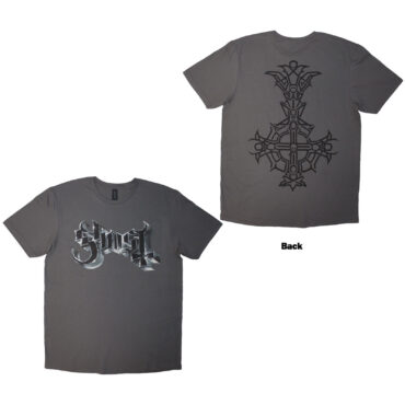 Ghost T-Shirt: Chrome Logo & Grucifix Outline (Charcoal Grey) (Back Print)